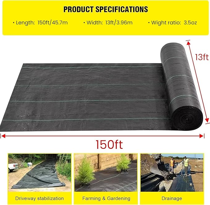 Driveway Fabric, 13x150 ft Road Fabric Commercial Weed Barrier Fabric, Landscape Fabric Heavy Duty 3.5OZ French Drain Fabric for Erosion Control,Landscape Fabric,Weed Barrier,Construction Projects