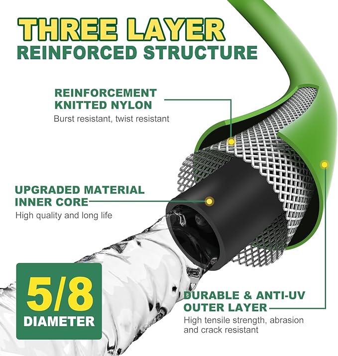 TOOLCY Garden Hose 50 ft x 5/8", Heavy Duty Water Hose, Lightweight, All-weather, Durable Hose with Swivel & Solid Brass Male to Female Fittings,Green