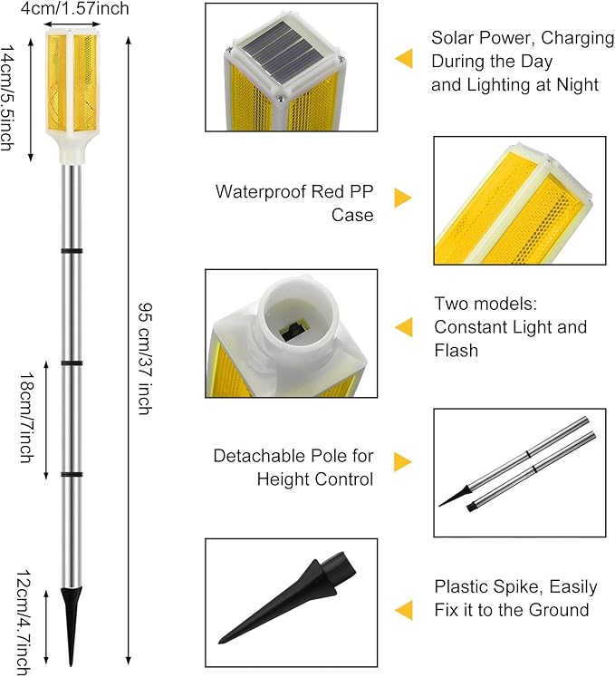Macarrie 6 Pcs Solar Powered Driveway Markers Reflector Lights Landscape Driveway Reflectors on Poles for Snow Road Outdoor Yard(37 Inch,Yellow)
