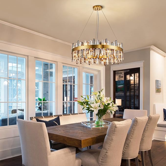 Siljoy 16 Lights Modern Crystal Chandelier Luxury Gold Round 2-Tiers Raindrop Crystal Chandelier Flush Mount Pendant Ceiling Light Fixture for Dining Room Living Room Entryway Foyer D31.5'' x H9.8''