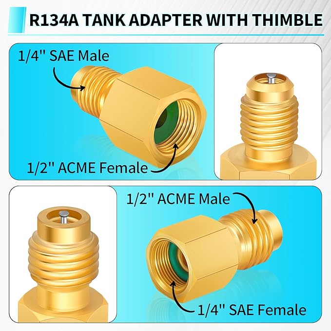 Boltigen R134a Refrigerant Tank Adapters, R12 R22 to R134a Adapter Connector, 1/2 to 1/4 Flare R134a Vacuum Pump Adapter Fittings with Valve Core Remover