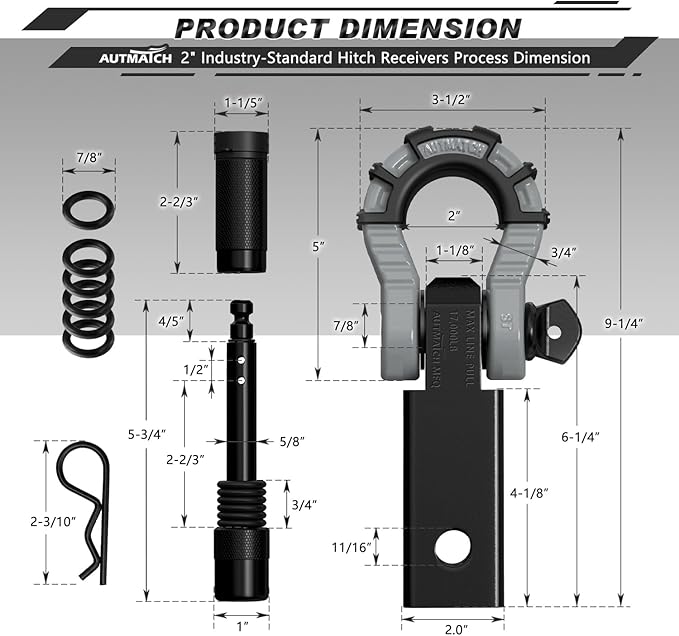 AUTMATCH Shackle Hitch Receiver 2" with 3/4" Mega D Ring Shackle and 5/8" Trailer Hitch Lock Pin, 68,000 Lbs Break Strength Heavy Duty Receiver Towing Kit for Off-Road Vehicle Recovery, Black & Gray