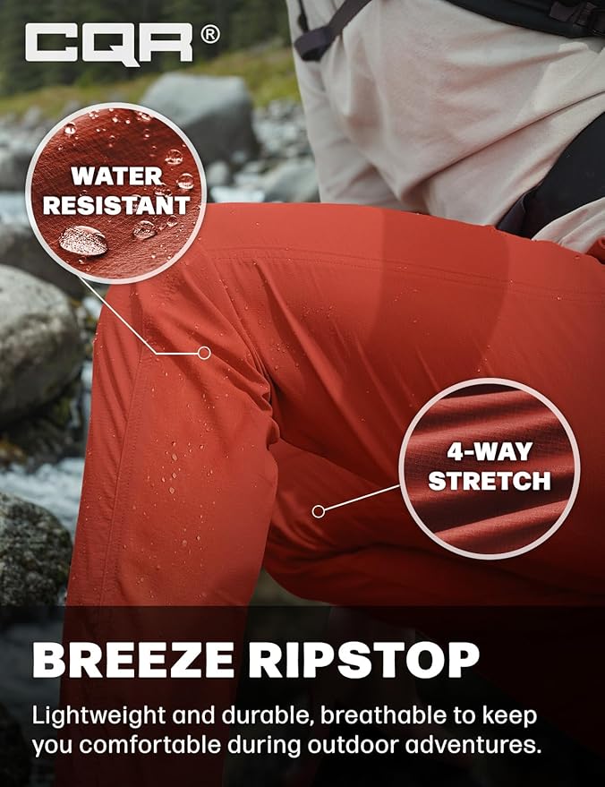 CQR Men's Lightweight Vent Hiking Pants, Water-Resistant & Breathable Sports Outdoor Athletic Pants with Elastic Waist