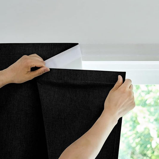 100% Blackout French Door Curtain,Adhesive, No Drilling Required,Small Curtains Designed for Installation On Doors (Black - W25 × L72 in)