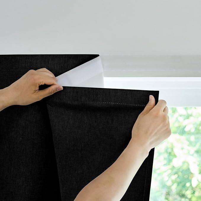 100% Blackout French Door Curtain,Adhesive, No Drilling Required,Small Curtains Designed for Installation On Doors (Black - W25 × L40 in)