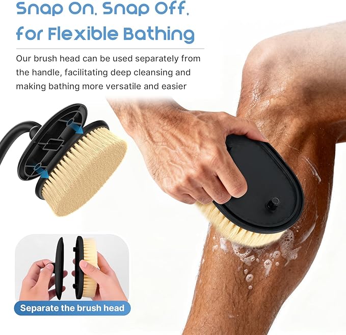 Flexible Up-Down Movement Back Scrubber for Shower for Men & Women, 3 Detachable Back Brush Heads Includes Silicone Body Scrubber, Sponge Bath Brush & Bristle Shower Brush, Wet/Dry Brush, Black