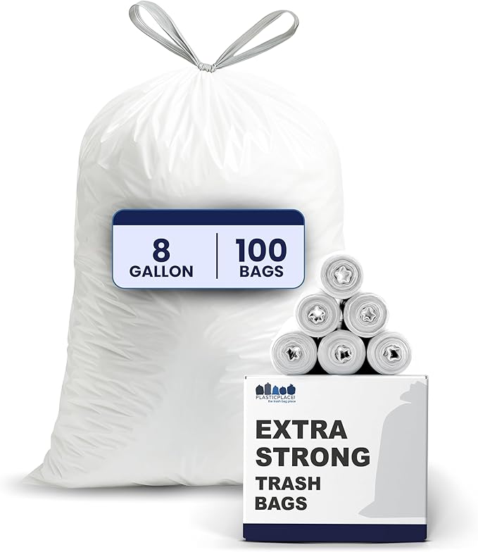 Plasticplace 8 Gallon Trash Bags: Premium White Drawstring Garbage Bag, 0.7 Mil Thickness, Durable Trash Can Liners, Garbage Bags for your Trash Can, Ring Size 22" x 22" (Pack of 100)