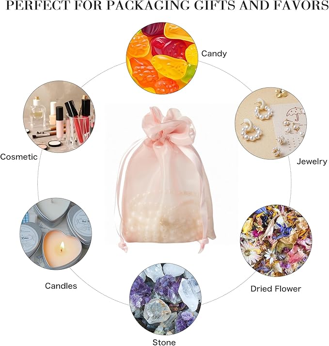 QIANF 20 Pcs Pink Small Organza Bags 6X9 inch for Wedding Favors with Drawstring, Mini Mesh Gift Bags Jewelry Pouch for Candy Bridal Shower Party Favor Baby Shower Christmas