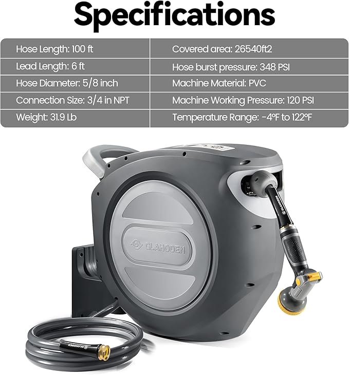 GLAHODEN Retractable Garden Hose Reel 5/8 in x 100 ft Upgraded UV Resistant Heavy Duty Automatic Hose Reel Wall Mount 3/4 in Brass Fitting 9 Pattern Nozzle Any Length Lock Slow Retraction
