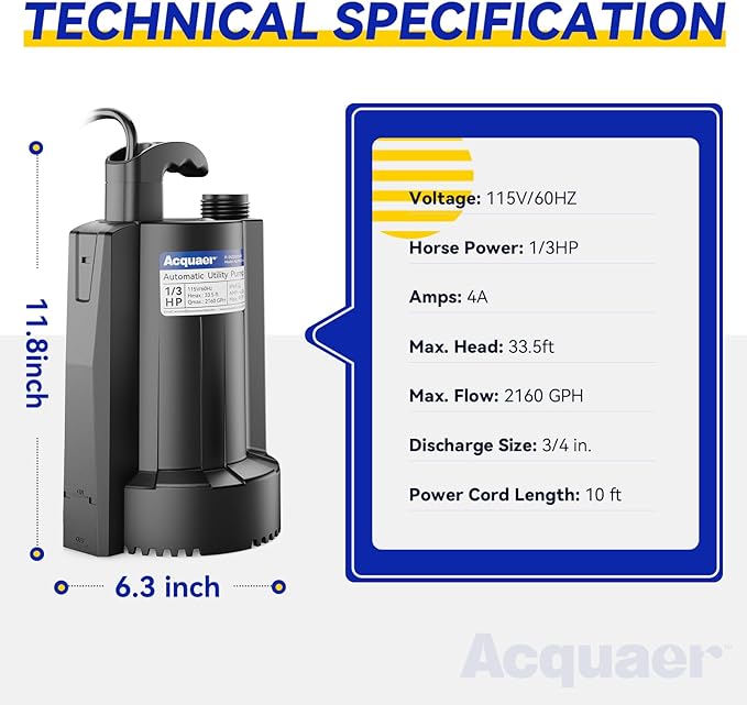 Acquaer 1/3 HP Automatic Submersible Water Pump, 115V Sump Pump with 3/4” Garden Hose Check Valve Adapter,2160 GPH High Flow Water Removal for Swimming Pool Cover Hot Tubs Flooded House Basement