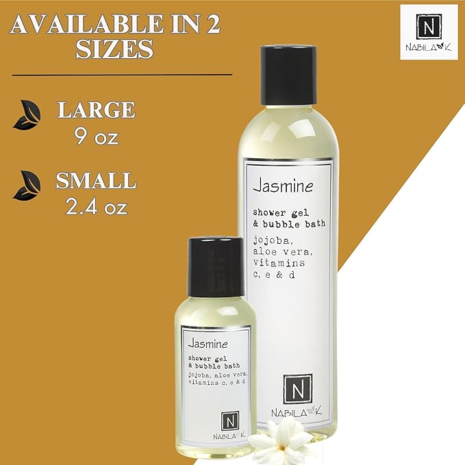 Nabila K Jasmine Shower Gel & Bubble Bath, 2.4 oz – Non-Drying Body Wash with Jojoba, Aloe Vera & Vitamins – Naturally-Derived, Sulfate-Free – Made in USA – For Men & Women