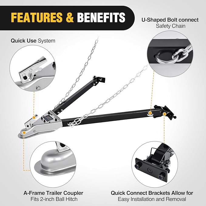 Nilight Tow Bar with Safety Chains, Coupler Fits 2-Inch Hitch Ball, 5500 lbs Towing Capacity, 41-in Opening Width, Bumper-Mounted Universal Towing Bar for RV, Car, Trailer, Truck, Alloy Steel