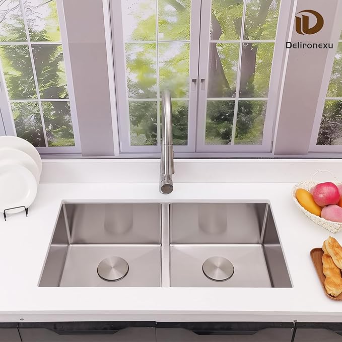 32 Inch Double Bowl Kitchen Sinks Undermount – Delironexu 16 Gauge Stainless Steel Kitchen Sink Double Bowl, 32x18 Undermount kitchen Sink with Brushed Finish, 50/50 Double sink