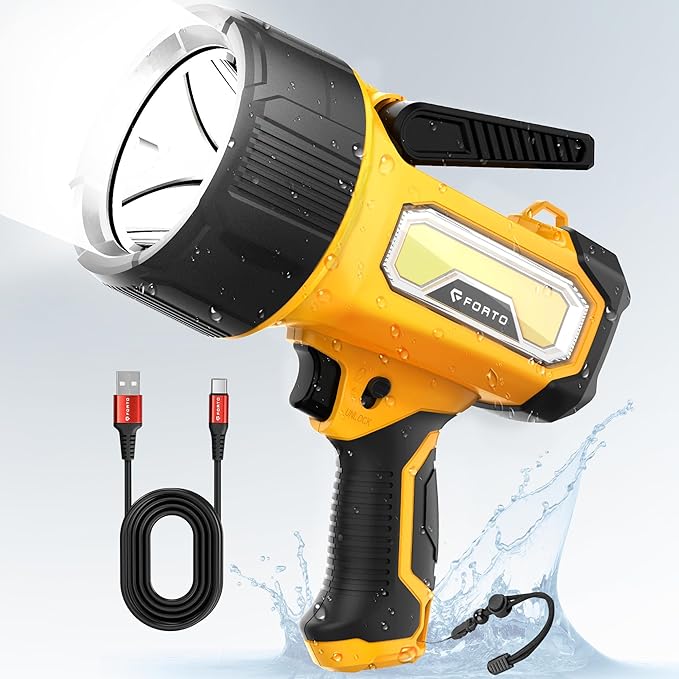 FORTO Rechargeable Spotlight, 200000 Lumens Handheld Spot Light with Foldable Stand, 6 Modes IPX7 Waterproof LED Spot Lights for Walk The Dog Hunting Camping Hiking Boating (Yellow)