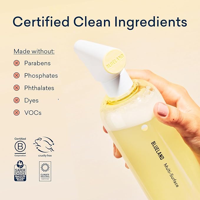 BLUELAND Multi-surface Cleaner, 4-Pack Refill, Fresh Lemon Scent, All-Purpose, Eco-Friendly Cleaning Supplies, 4 x 24 Fl oz