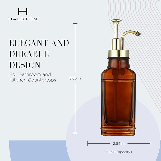 Amber Glass Soap Dispenser with Brushed Gold Pump Dispenser, Modern Refillable Pump for Bathroom, Kitchen, or Office, Elegant Accent Piece for Interior Decoration
