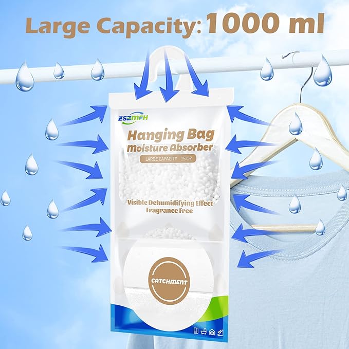 ZSZMFH 8 Pack Moisture Absorber Hanging Bags, Fragrance Free Humidity Packs, 15 OZ Dehumidifier Bags Effectively Trap Extra Moisture,Hanging Closet Dehumidifier Bags-425g/pack