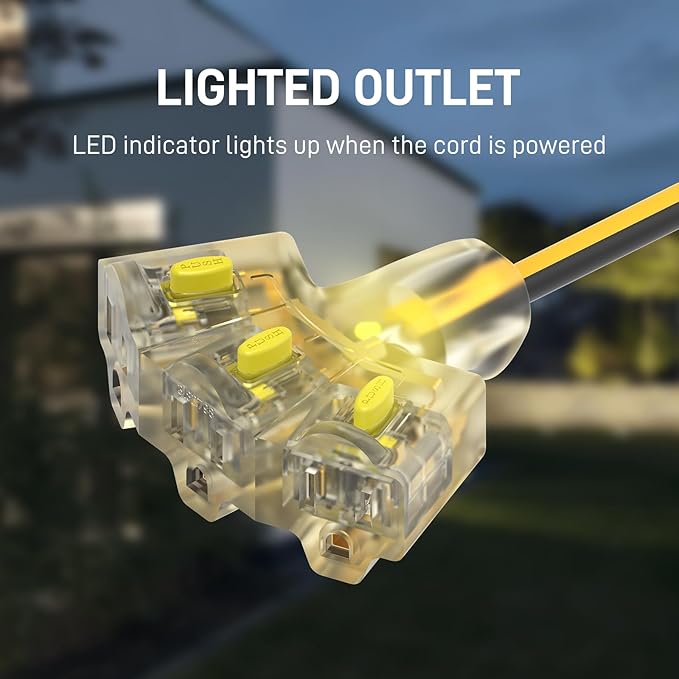 100FT Outdoor Extension Cord 12/3 Gauge Heavy Duty, 3 Prong Outlets with LED Light, 15A 1875W, ETL Certified, Locking Plug, Weather Resistant for Lawn Mower, Tools, Christmas Lights