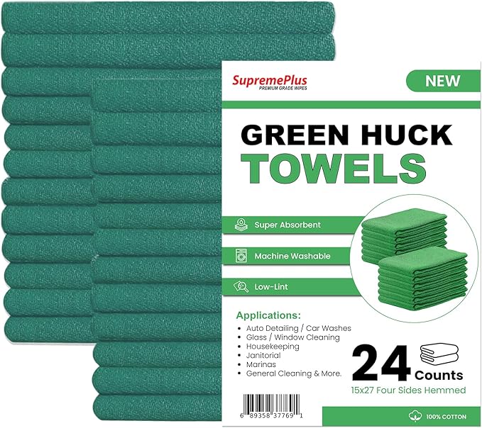 Premium Green Huck Towels – (24 Pack) 15 x 27 inches 100% Cotton Bulk Towel for General Cleaning, Auto Shop, and Hospital Use, Super Absorbent, Machine Washable Cloth