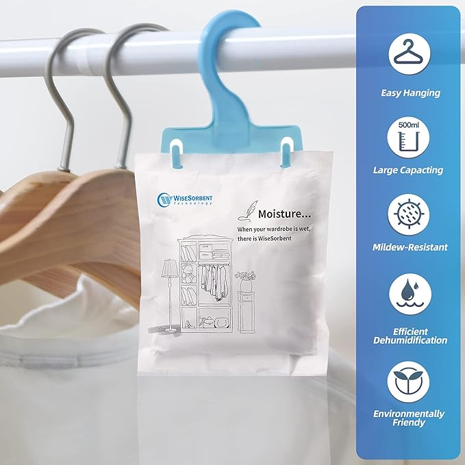 12 Pack (7 oz. ea.) Moisture Absorber Refill Hanging Bags, Moisture Absorber Packets with Reusable 6pcs Hooks, Humidity Packs, Hanging Closet Dehumidifier Bags