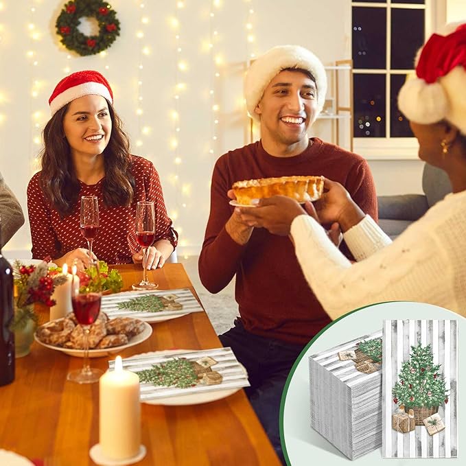 Jetec 200 Pieces Christmas Napkins Christmas Tree Disposable Guests Paper Napkins Winter Stripes Disposable Hand Towels for Bathroom Christmas Decorative for Xmas Dinner Wedding Birthday Party