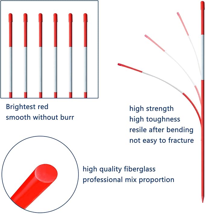 48" Inch Snow Stakes Driveway Markers Poles Snow Plow Stakes Fiberglass 5/16 Inch Diameter Red with 9.8" Reflective Tape Replacement for Driveway Mark Snow Plow Parking Lots 100pcs