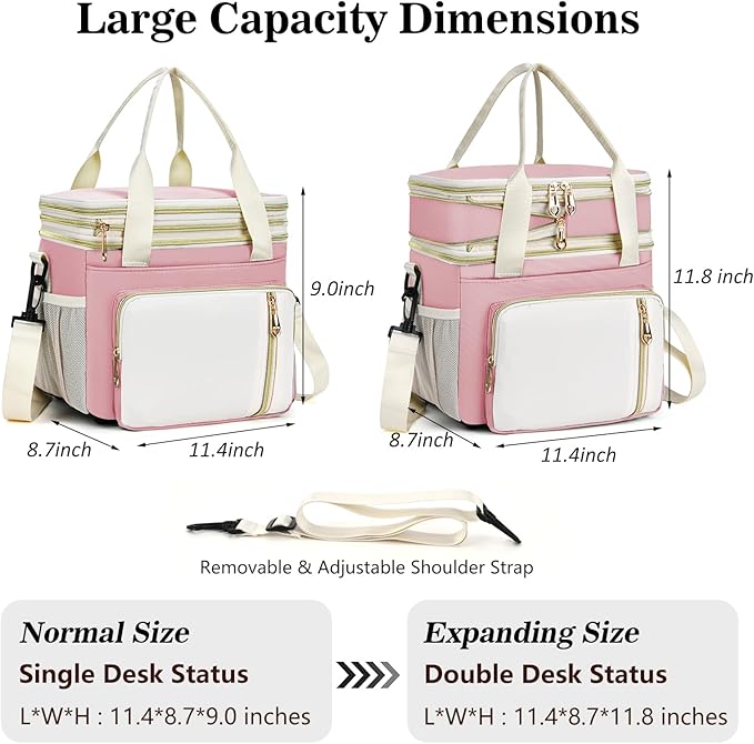 LOKASS Expandable Lunch Box for Women | Adult Lunchbag Cooler Tote Bag with Adjustable Shoulder Strap | Insulated Reusable Womens Lunch Bags for Work Camping Beach | 16L, Pink