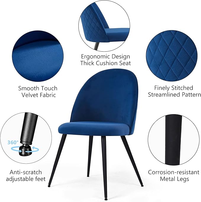 Dining Chair Set of 4 - Simple Design, Comfortable Velvet Upholstered Chairs with Stainless Metal Legs for Dining Table and Living Room, Navy Blue