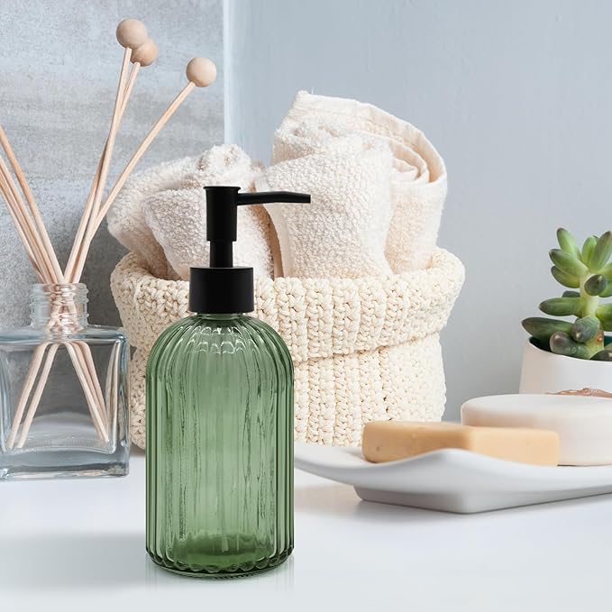 14oz Green Glass Soap Dispenser with Black Pump – Refillable for Hand Soap, Dish Soap, Lotion, Suited for Kitchen, Bathroom & Laundry Room (Olive Green)
