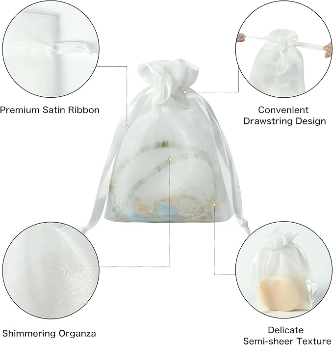 QIANF 20 Pcs White Small Organza Bags 6X9 inch for Wedding Favors with Drawstring, Mini Mesh Gift Bags Jewelry Pouch for Candy Bridal Shower Party Favor Baby Shower Christmas