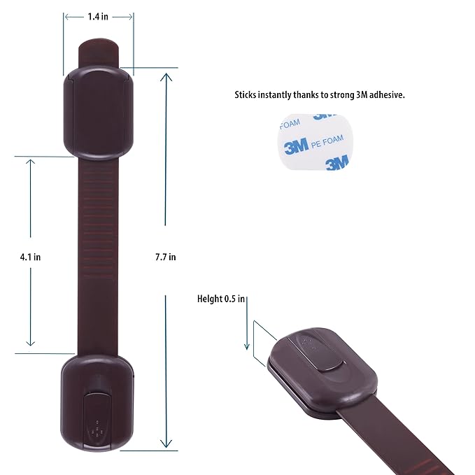 Child Safety Cabinet Locks (10 Pack) – Adjustable Baby Proofing Strap Latches with Strong 3M Adhesive – No Drill Childproof Locks for Drawers, Cabinets, Fridge, Door, Closet, Brown