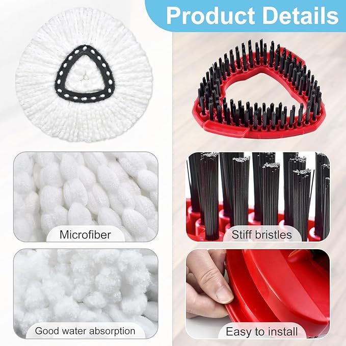 Spin Mop Handle, Mop Replacement Head,Brush,Base Compatible with OCedar EasyWring 1 Tank,2 Microfiber Mop Refills,1 Mop Base,1 Brush and 30-58" Mop Handle Combo Set for OCeda,Use for Floor Cleaning