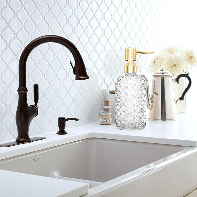 450ml Glass Soap Dispenser with Pump, 16 oz Diamond Cut Design Refillable Liquid Hand Soap Bottle Dispenser for Bathroom, Countertop, Kitchen, Laundry Room, Home Decor Accessories