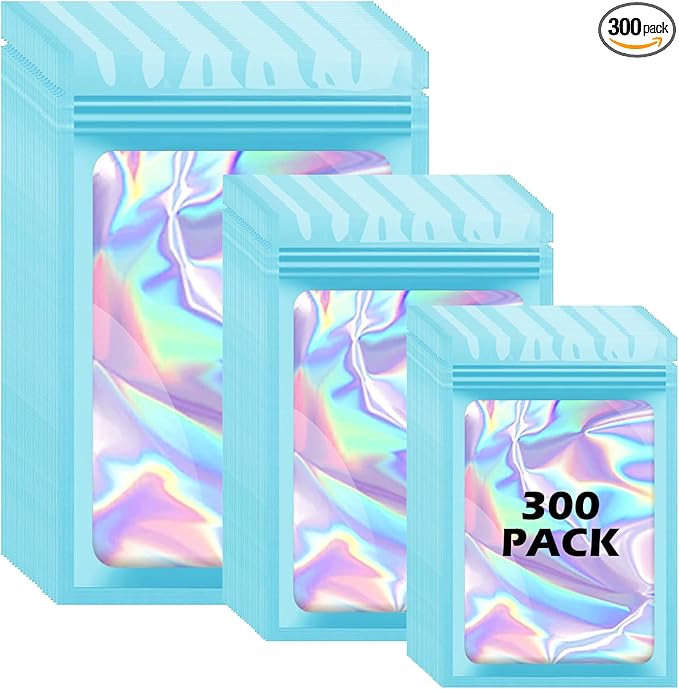 300 Pcs Holographic Mylar Bags, 3 Size Smell Proof Bags with Clear Window Foil Pouch Bags Resealable Bags for Small Business and Food Storage, Blue
