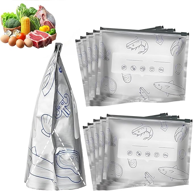 Reusable Aluminum Foil Sealable Storage Bags, 2026 New Resealable Vacuum Zipper Pouches for Food, Stand Up Foil Sealable Bags with Label and Zip Lock for Vegetable Fruit Meat (10Pcs, Small)
