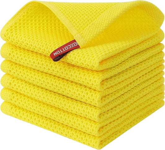 Kitinjoy 100% Cotton Kitchen Dish Cloths, 6 Pack Waffle Weave Ultra Soft Absorbent Dish Towels for Drying Dishes Quick Drying Kitchen Towels Dish Rags, 12 X 12 Inches, Yellow