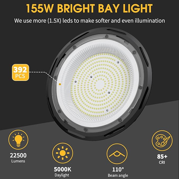2 Pack 155W UFO LED High Bay Light with Reflector 22,500lm 5000K LED High Bay Lights AC110-277V 5' Cable with Plug Waterproof UFO Lights for Garage Shop Factory Warehouse ETL Listed