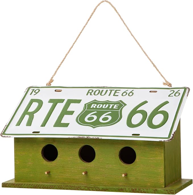 Glitzhome 14”L Wood Hanging Birdhouse for Outdoors, Licence Plate Route 66 Welcome Painted Bird House, Rustic Bird House for Bluebird Wren Sparrow, Bird Nest Box for Garden Patio, Washed Green