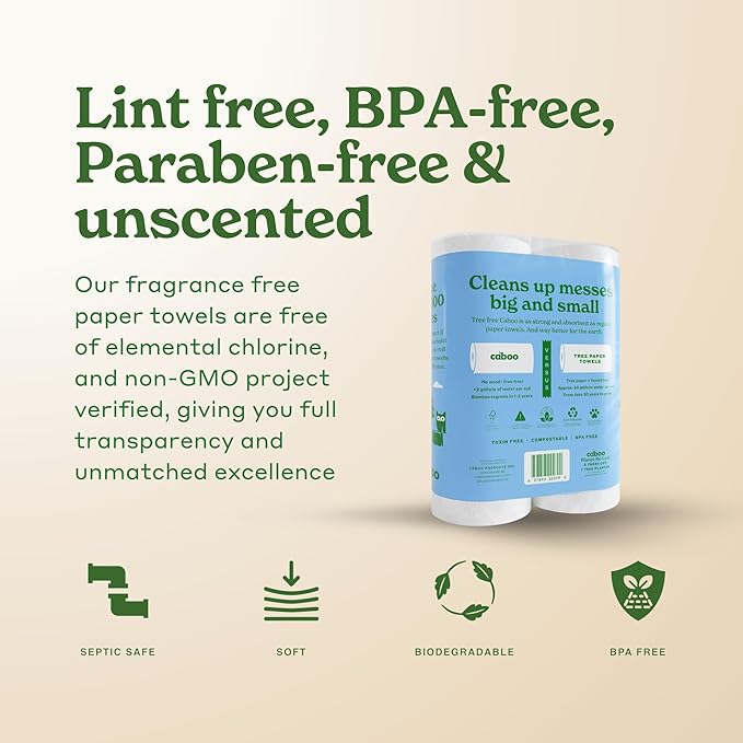 Caboo Tree Free Paper Towels, 2 Rolls, Tree Free, Eco Friendly, Earth Friendly, Sustainable Kitchen Paper Towels with Strong 2 Ply Sheets