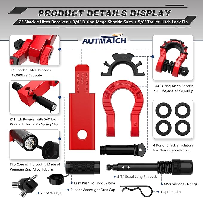 AUTMATCH Shackle Hitch Receiver 2" with 3/4" Mega D Ring Shackle and 5/8" Trailer Hitch Lock Pin, 68,000 Lbs Break Strength Heavy Duty Receiver Towing Kit for Off-Road Vehicle Recovery, Red