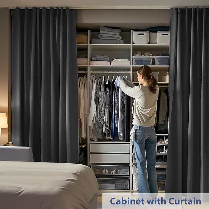 Room Divider Ceiling Mounted Curtains Track Sets Extra Wide Blackout Curtain Flexible Tracks for Bedroom Privacy Partition Separator, 1 Panel Black Drape and White Rail, W15 x H8ft