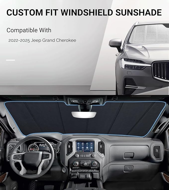 B Pigenius Windshield Sun Shade for Jeep Grand Cherokee 2022-2025. Reflective Aluminum Film Front Window Sunshade - BLAZBLOCK