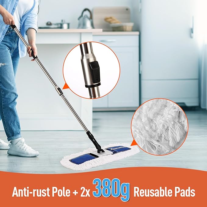 24" Heavy-Duty Commercial Dust Mop for Hardwood Floors & Large Areas - with 2 Microfiber Pads, Reinforced Telescoping Handle for Stable Cleaning in Homes, Garages & Commercial Spaces