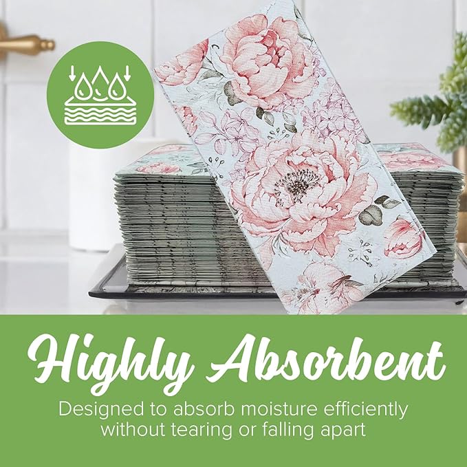 SimuLinen Pink Garden - Disposable Paper Towels for Bathroom, Guest Hand Towels, Cloth-Like Linen-Feel, Single-Use, Size 12x17" - 100ct (Made in Germany)