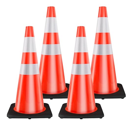 RELIANCER 4PCS 36" Traffic Cones PVC Safety Road Parking Cones with Black Weighted Base w/6"&4" Reflective Collars Fluorescent Orange Hazard Cones Construction Cones for Traffic or Home Improvement