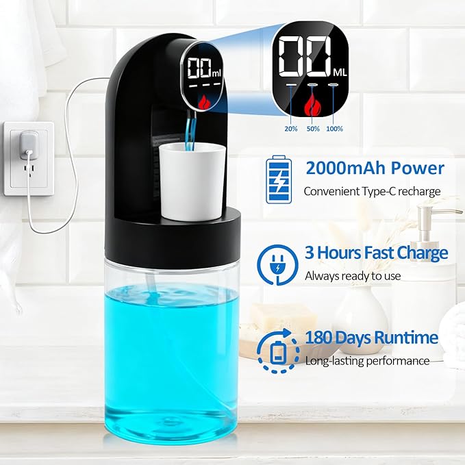 Automatic Mouthwash Dispenser for Bathroom, 600ml (20.29oz) Electric Mouth Wash with Digital Display, 4 Dispensing Modes, Magnetic Cup & Wall Mounted Holder, Bathroom Accessories for All Age Groups