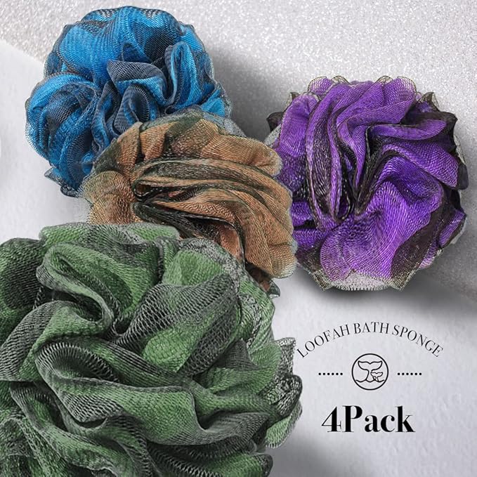 Loofah Sponge Bath Sponge for Women Men 4 Pack (Purple Brown Green Blue)