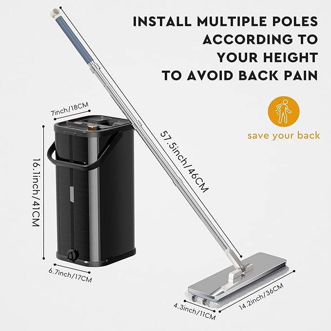 Separates Dirty Water Mop, Flat Mop and Bucket for Home with 4 Extra Refills, Stainless Steel Mop and Bucket with Wringer (Black)