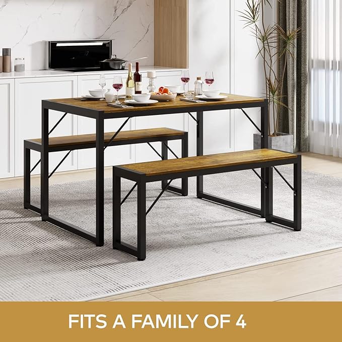 Gizoon 45.5" Dining Table Set for 4 with 2 Benches, Kitchen Table Set with Metal Frame & MDF Board, Space-Saving Dinette for Kitchen, Dining Room -Retro