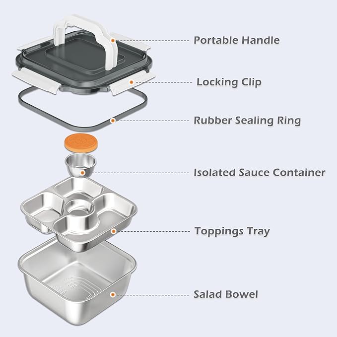 Salad Container for Lunch: 64oz Salad Bowl with Included Spork, 4-Section Bento Tray & Sauce Pot